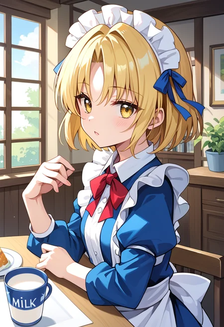 score_9, score_8_up, score_7_up, BREAK source_anime, (masterpiece), (best quality), 1girl, mugetsu, maid headdress with blue ribbon, yellow eyes, bow, maid, blonde hair, red ribbon, short hair, puffy sleeves, apron, blue dress, closeup upper body, looking at viewer, (from side:0.8), living room, kotatsu, cup of milk with ice on table, <lora:mugetsu(touhou)-V1:0.95>