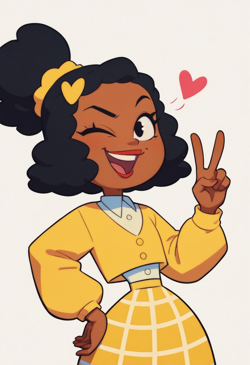 score_9, score_8_up, score_7_up, 1girl, solo, Ashley B RC, cute, smile, smug grin, open mouth, half open eyes, cute squint, black eyes, dark skin, black hair, yellow hair ornament, red lipstick, yellow sweater, white under shirt, plaid yellow skirt, narrow waist, wide hips, flat chest, upper body, standing, looking at viewer, white background, simple background, heart, one hand up, v, hand on hip, wink, flat color, highres, high quality, masterpiece,