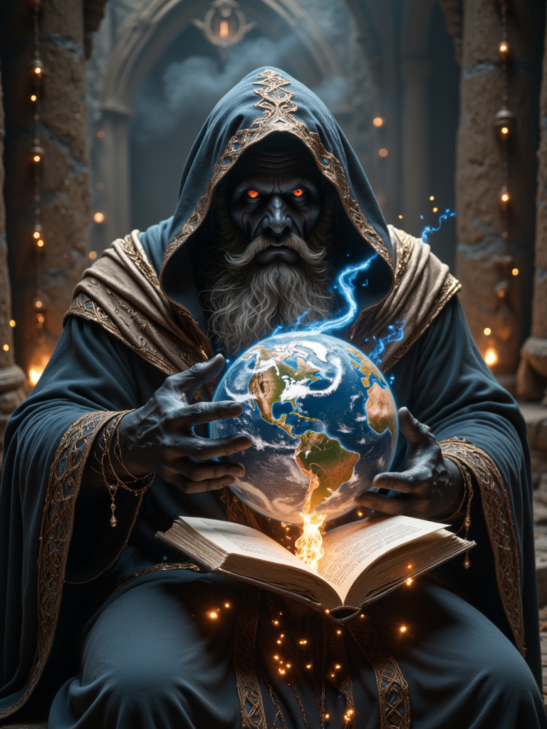 Sihirbaz, a dark old wizard who is up to no good. He sits in an old run-down castle and wants revenge on the world. He opens his book and begins to cast a spell. The globe rises from the book. Sihirbaz begins to cast a spell over the floating globe. On the globe, wild oceans can be seen, and on the other side of the globe, things start to burn. The wizard's lips whisper the magic. A strong wind surrounds the wizard, causing his clothes to flutter.