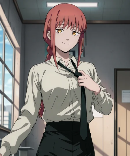 masterpiece,best quality,absurdres,highres,very aesthetic,high quality,detailed,insanely detailed,beautiful,perfect lighting,very awa,
<lora:spo_sdxl_10ep_4k-data_lora_webui:1>,
<lora:untie_necktie_IL_v1:1.2>,untie_necktie,adjusting necktie,loose necktie,
1girl,solo,
anime coloring,
<lora:Makima_Chainsaw_Man:0.9>,makima (chainsaw man),
red hair,long hair,braided ponytail,sidelocks,yellow eyes,ringed eyes,
outfit_1,white shirt,collared shirt,black necktie,black pants,shirt tucked in,
indoors,office,room,day,blurry background,
looking at viewer,smile,
cowboy shot,front view,