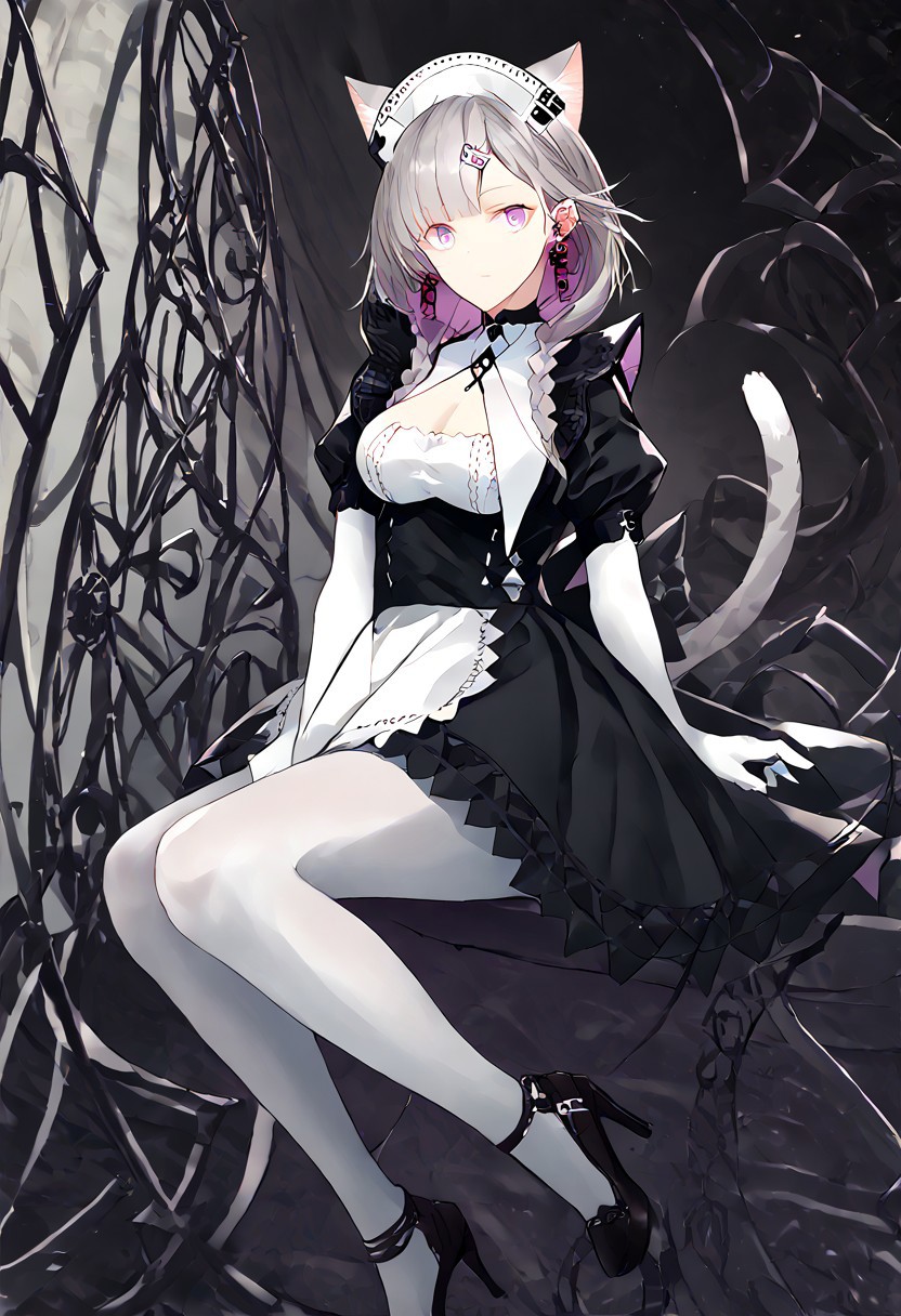 score_9, score_8_up, score_7_up, score_6_up, score_5_up, score_4_up, source_anime, 1girl, solo, 
KazemaruMAID, animal ears, grey hair, cat ears, cat tail, cat girl, extra ears, purple eyes, blunt bangs, maid, maid headdress, black dress, puffy sleeves, hairclip, cross earrings, twin braids, breasts, cleavage, earrings, elbow gloves, jewelry, white gloves, white pantyhose, high heels, black footwear, 
masterpiece, best quality, very aesthetic, absurdres,