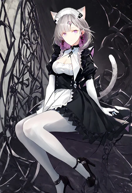 score_9, score_8_up, score_7_up, score_6_up, score_5_up, score_4_up, source_anime, 1girl, solo,
KazemaruMAID, animal ears, grey hair, cat ears, cat tail, cat girl, extra ears, purple eyes, blunt bangs, maid, maid headdress, black dress, puffy sleeves, hairclip, cross earrings, twin braids, breasts, cleavage, earrings, elbow gloves, jewelry, white gloves, white pantyhose, high heels, black footwear,
masterpiece, best quality, very aesthetic, absurdres,
