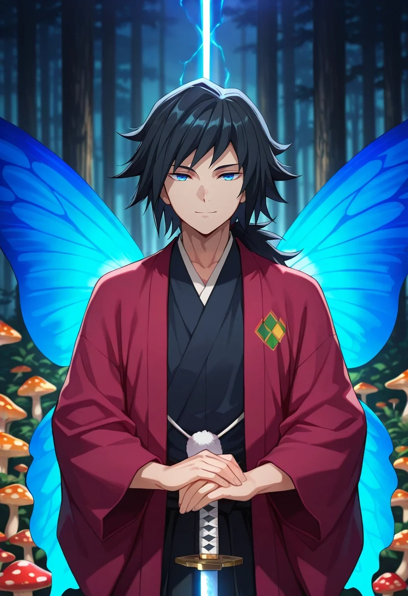 masterpiece, best quality, , anime screencap, , , looking at viewer, 1boy, solo, male focus, <lora:giyuu_tomioka_ilxl:0.94>, giyuu_tomioka, black hair, blue eyes, bangs, long hair, low ponytail, japanese clothes, haori, sword, fairy market, mushroom stalls, glowing wares, butterfly wings, bargaining pose, delighted expression, magical lighting, gangster costume