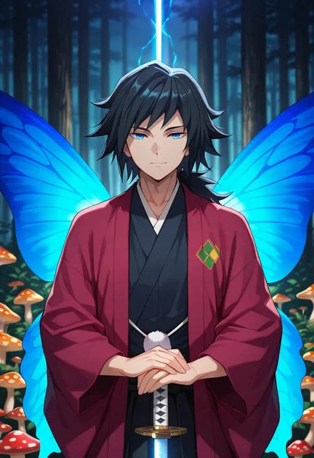 masterpiece, best quality, , anime screencap, , , looking at viewer, 1boy, solo, male focus, <lora:giyuu_tomioka_ilxl:0.94>, giyuu_tomioka, black hair, blue eyes, bangs, long hair, low ponytail, japanese clothes, haori, sword, fairy market, mushroom stalls, glowing wares, butterfly wings, bargaining pose, delighted expression, magical lighting, gangster costume