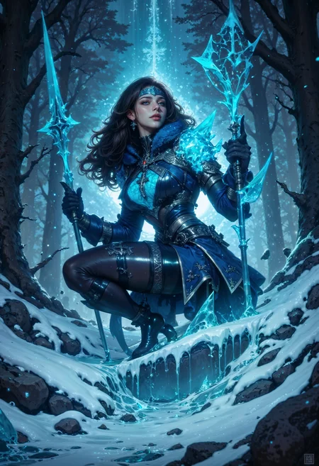 A fierce ice warrior crouched low in a dynamic pose, her glowing, icy-blue eyes burning with intense focus. Her body is encrusted with jagged shards of ice, blending seamlessly into her armor-like form, which reflects the cold light around her. She wields a sharp, crystalline spear in one hand, the weapon appearing as if carved directly from a frozen glacier. The environment is a dark, frost-covered forest with towering trees, illuminated by ethereal blue light. Shards of ice and snowflakes hover in the air, adding motion and drama to the scene. The ground beneath her is covered in sharp, reflective ice spikes, creating a menacing, otherworldly atmosphere. Highly detailed and cinematic, with a focus on textures, reflections, and icy realism.