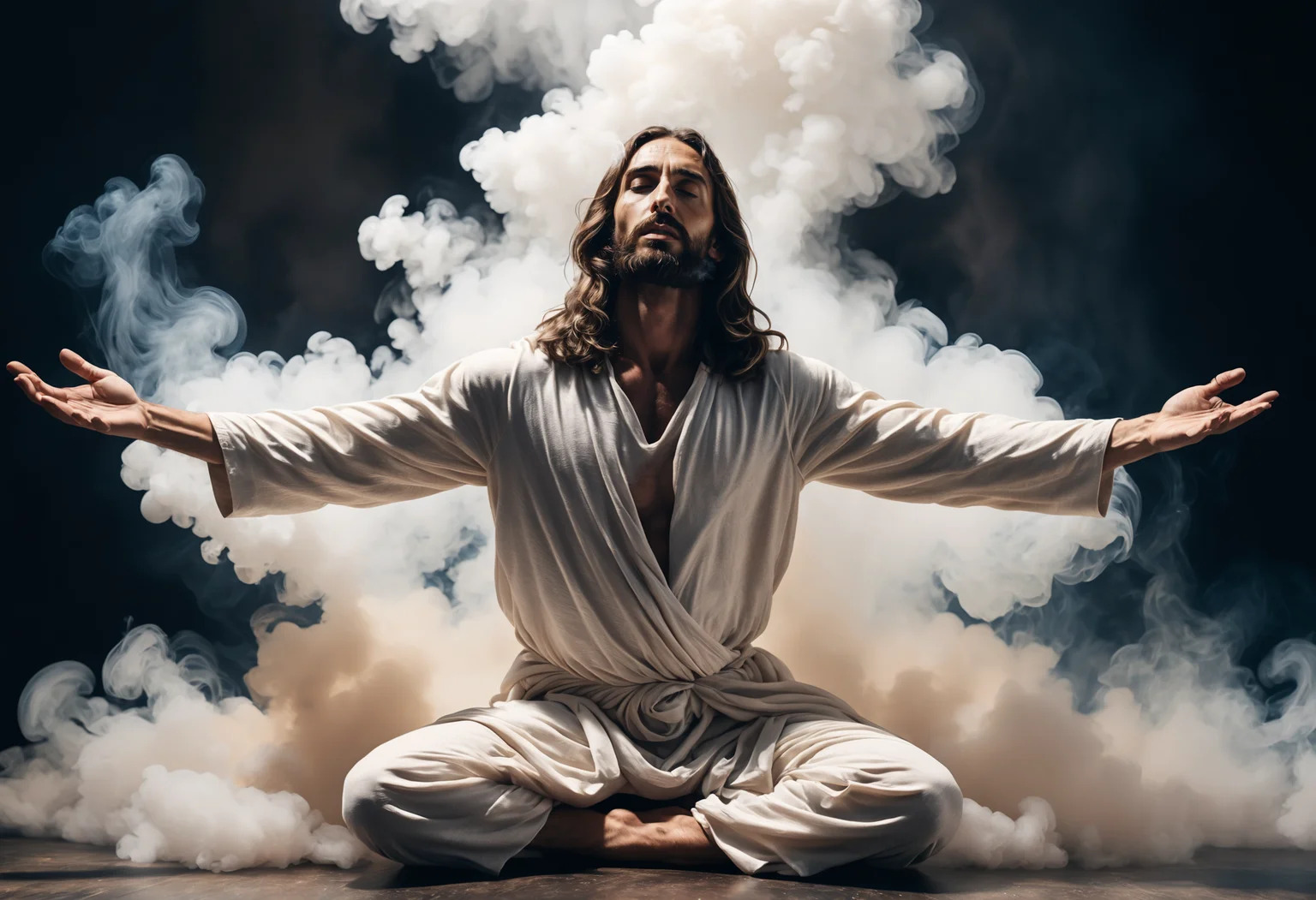 Jesus, Maximalist free self-expression in flexible pose, surrounded by smoke
<lora:dvr-smk:1>