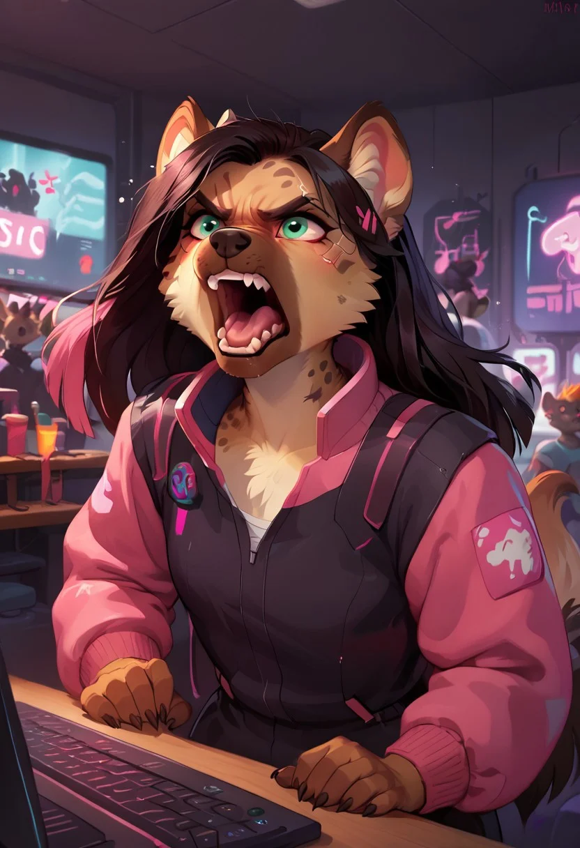 score_9, score_8_up, score_8, source_furry, 1girl, long hair, anthro hyena girl, black hair with pink streaks, cyberpunk outfit, tech tools, inside a giant computer, banging circuitry with a hammer, angry, screaming