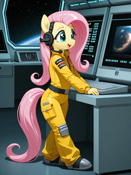 <lora:L4R50N-IL:0.7> L4R50N, ((spaceship interior)), computers, monitor screen, space, 1girl, solo, ((fluttershy, pony)), (mlp), skinsuit, jumpsuit, headset, (anthro pony), smile, talking, cute,