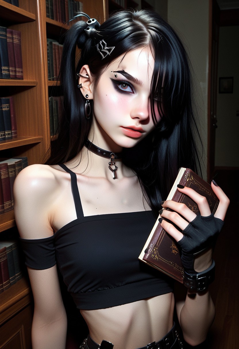 score_9, score_8_up, score_7_up, score_6_up, 
1girl, 25 years old, AMFL, low key, high exposure, girl in the library, portrait, 
black eyes, looking at viewer, ear piercing, makeup, eyeliner, eyeshadow,
black hair, long hair, one side up, hair over one eye, hair ornament, piercing, 
goth fashion, black choker,
crop top, bare shoulders, 
fingerless gloves, fingerless gloves, 
blush, shy, 
book, holding book, 
night, dark theme
