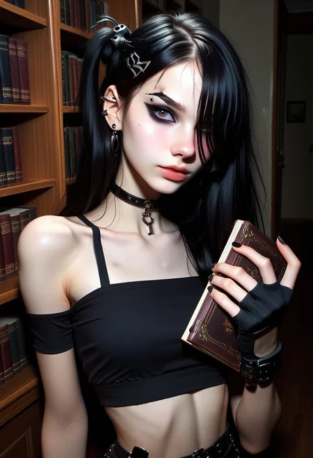 score_9, score_8_up, score_7_up, score_6_up,
1girl, 25 years old, AMFL, low key, high exposure, girl in the library, portrait,
black eyes, looking at viewer, ear piercing, makeup, eyeliner, eyeshadow,
black hair, long hair, one side up, hair over one eye, hair ornament, piercing,
goth fashion, black choker,
crop top, bare shoulders,
fingerless gloves, fingerless gloves,
blush, shy,
book, holding book,
night, dark theme