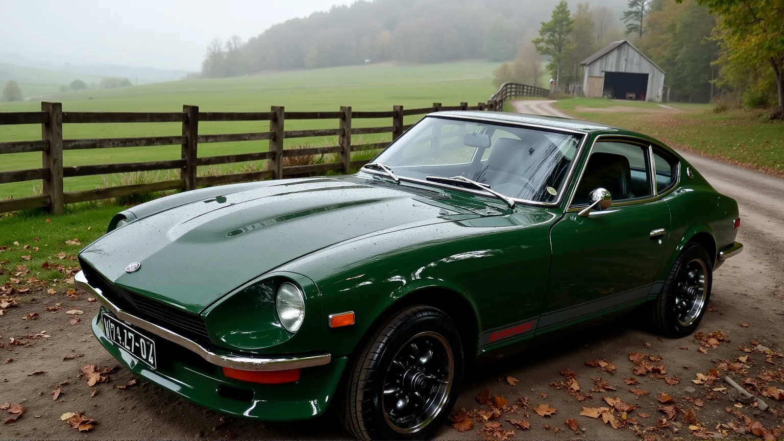 Under the soft drizzle of rain on a winding countryside road, a 1972 Nissan Datsun 240Z Fairlady in emerald green sits parked by a wooden fence. The carâs glossy finish reflects the overcast sky and droplets streaking down its long hood. Patches of wet, fallen leaves cling to the black alloy wheels, adding a touch of autumnal charm. Mist rises from the nearby hills, partially obscuring a distant barn, while the carâs round headlights and chrome accents add a sense of warmth and vibrancy to the damp and moody landscape
<lora:ral-nssndtsn_000001000:1>