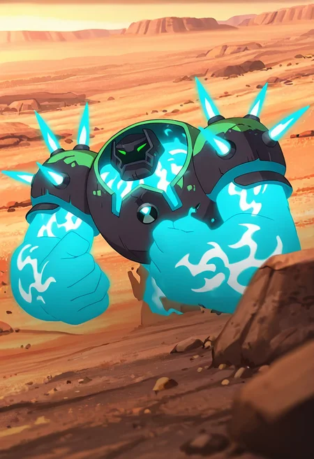 masterpiece, best quality, amazing quality, very aesthetic, absurdres, newest, , detailed background, 
 movie scene, cinematic scene, cinematic, foreground blur, depth of field, 
shckrck, glowing, shoulder spikes, green eyes, helmet, neon trim, blue fire, big arms, massive arms, blue arms, no humans, male focus,
fire breath, blue flames, desert, rocks, upper body,