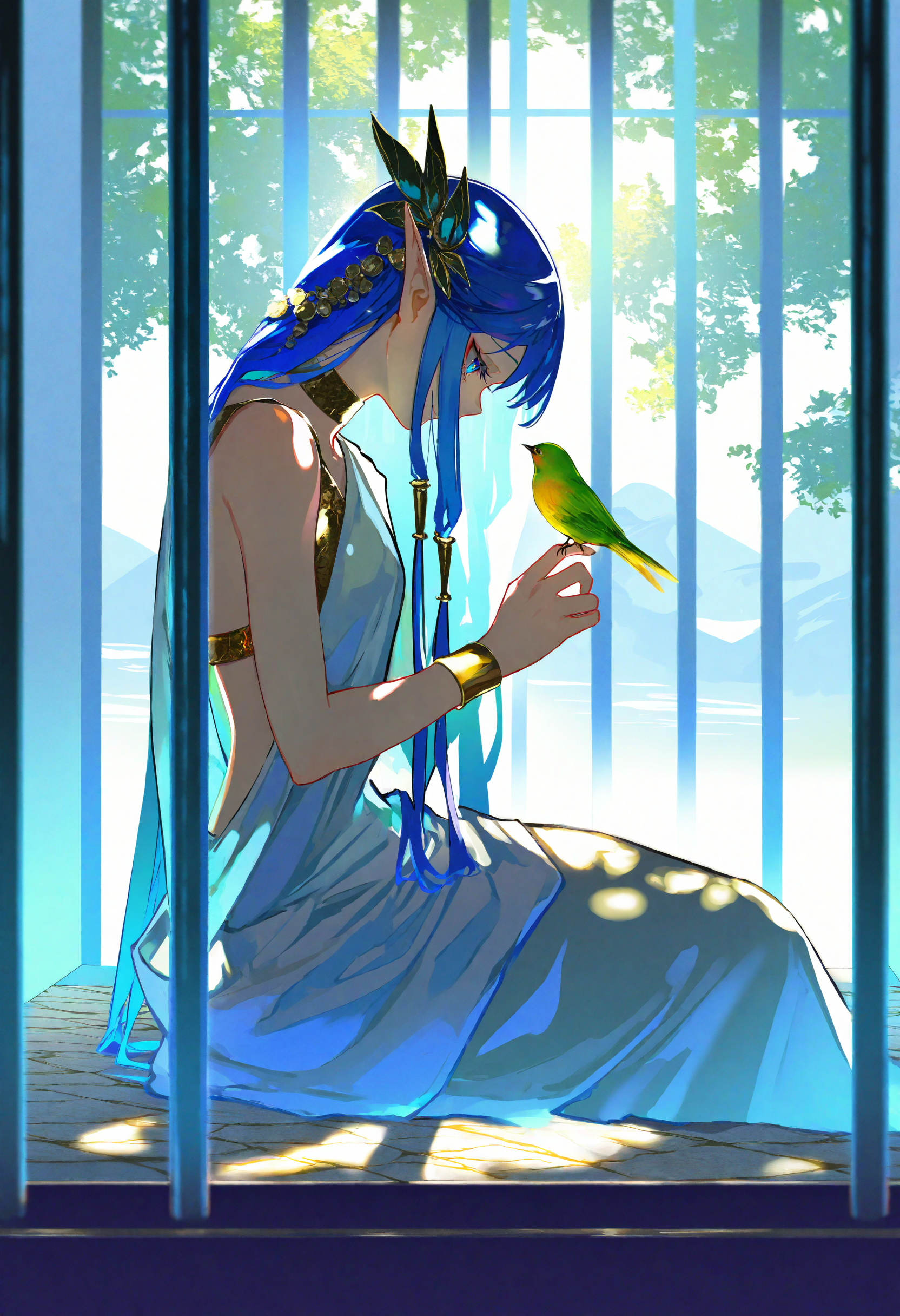 artist:[diyokama|say hana|yoneyama mai|lam \(ramdayo\)],
1girl, solo, pointy ears, hair tubes, toga, greco-roman clothes, ancient greek clothes, gold choker, single bare shoulder, sad smile,
blue eyes, cage, sitting, bare shoulders, blue hair, flower, long hair, from side, jewelry, sleeveless, hair ornament, in container, bird on hand,
bright, backlighting, dappled light, tree shade, colorful, blue theme,
masterpiece, best quality, very aesthetic, absurdres, newest
<lora:noobai_vpred_1_aqm_complete_v3:1>