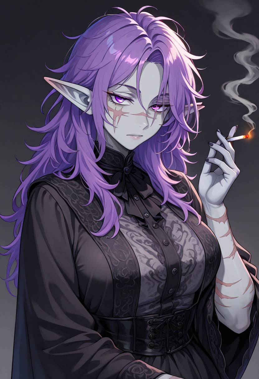 masterpiece, best quality, newest, absurdres, highres, NeoAV1.0, neon lights
1girl, goth, gothic, goth fashion, victorian, elf, coreset, messy hair, scar, scars, scar on face, robe, medival, medival clothing, mature, mature female,
Purple hair, Purple eyes, grey skin, colored skin, grey colored skin, smoking, smoke, cigarette, holding cigarette, holding,