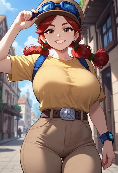 score_9, score_8_up, score_7_up, FluffyLewdsStyle,
bsjessie  ,  1girl    , red hair  ,pigtails ,  hat  , goggles on headwear, yellow shirt ,brown pants , belt,
,large breast, huge breast, big thighs, big ass, curvy, skinny, pretty, smile, look at viewer , sexy pose,