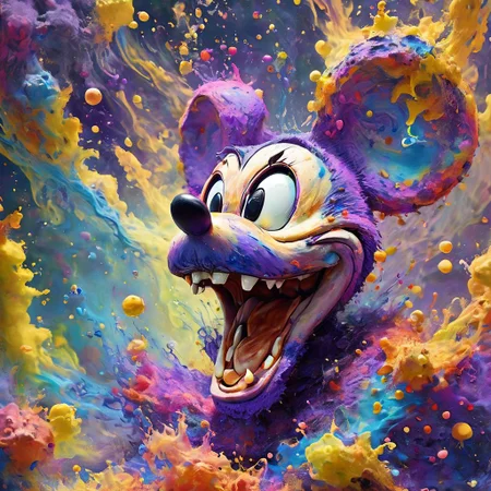 A surreal and psychedelic depiction of a character resembling Mickey Mouse with swirling, vibrant colors. The character has glowing eyes, an open mouth, and an exaggerated texture that gives a sense of melting or dripping. The background is filled with a multitude of orbs and intricate patterns with neon hues of blue, purple, and gold. The overall effect is fantastical and slightly eerie