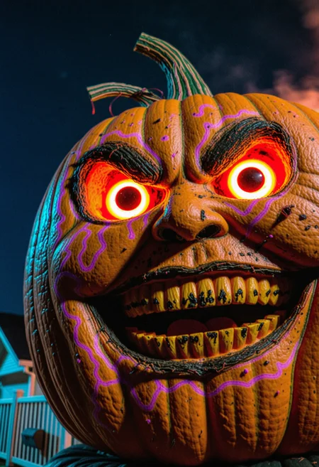 low-angle view, analog photography of colossal halloween pumpkin god with a sh*!-eating-why-so-serious grin and asymmetric eyes, twitching eye, red-pink lit pumpkin, blood splatters on pumpkin, the background reveals a burning suburban neighborhood, fire everywhere, panicked people running in fear, hysteria, night time, full moon, 4k <lora:dmd2_sdxl_4step_lora> <lora:xl_spo_sdxl_10ep_4k-data_lora_webui> <lora:xl_chromatic_a_CAXL_001_4>
