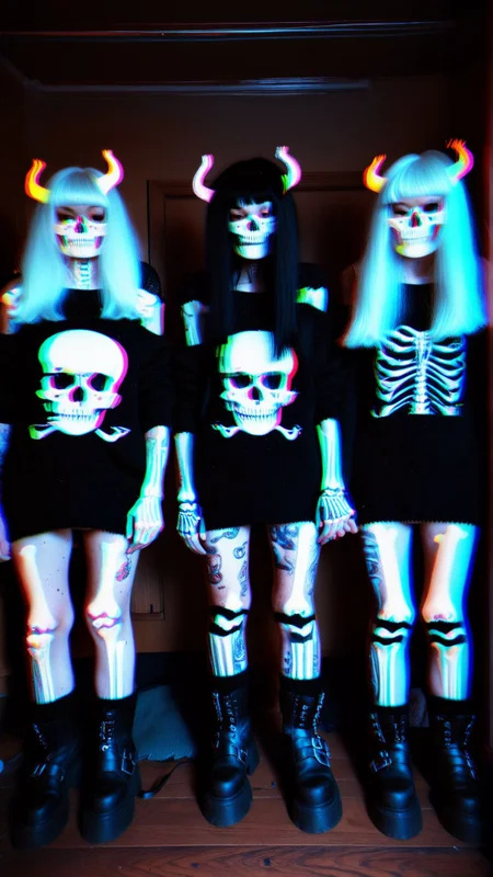 A group of knitting grandmas form a biker gang and ride across the country, spreading love and handmade sweaters wherever they go. 
(dark shot:1.2)
(optical effect, glitch art, glowing, layered effects:1.2)
 <lora:xray:2>