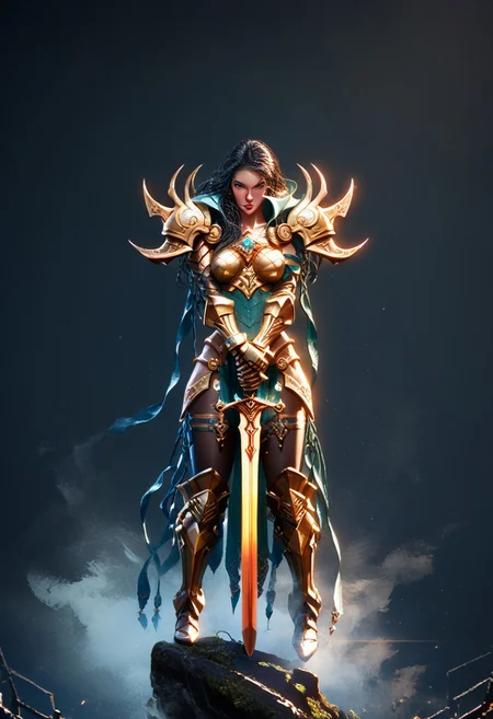 score_9, score_8_up, score_7_up, 1girl, solo, black hair, long hair, armor, full body, sword, standing, gold armor, dark background, armored boots, armored gloves, cape, intricate design, fantasy, warrior, stoic expression, high contrast, dramatic lighting, platform, battle-ready, detailed clothing, fantasy art, character design, strong pose,kyuyongeom