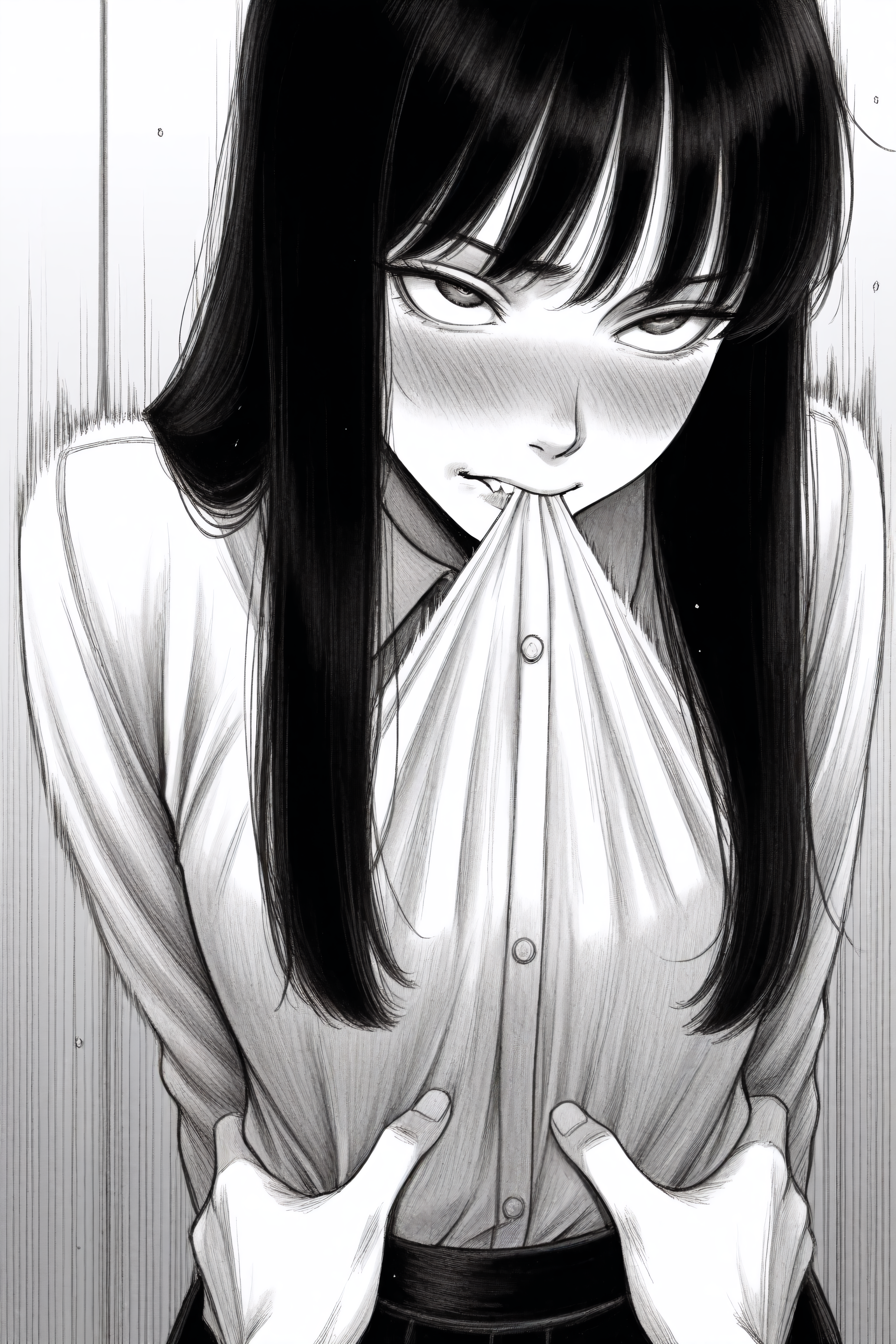 (masterpiece,best quality),<lora:tp1p1ptStyle-Illustrious-lora-Faxtron:0.7> tp_p_pt,monochrome,greyscale,  
, waist grab, (, motion blur, motion line:1.0) biting lip, blush, eye roll