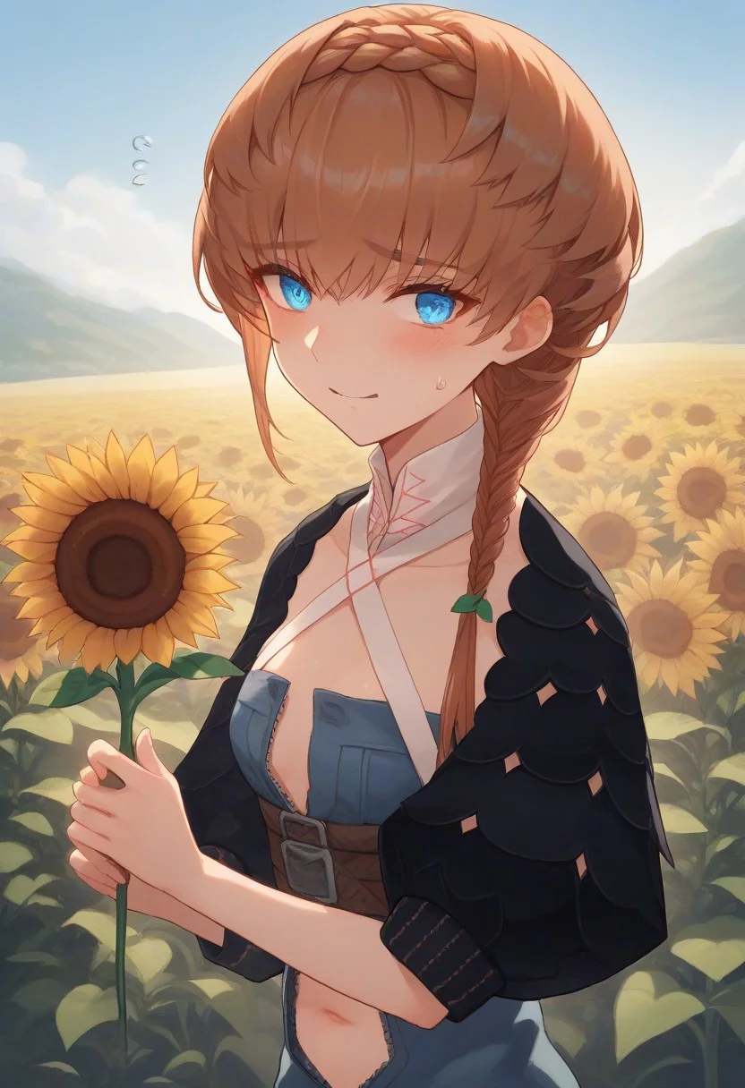 score_9, score_8_up, score_7_up, professional anime,1girl,female.solo,(Clytie Van Gogh from fate grand order),blue eyes, brown hair, side braid, braid, crown braid, straw hat, striped headwear, belt, blue overalls, navel, puffy sleeves, black sleeves, short sleeves, cropped jacket, detached collar, Vertical-Striped Legwear,petite girl,short female,perfect body,a nervous smile,flower, holding sunflower, outdoors,