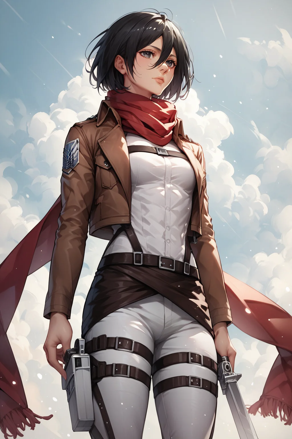 score_9, score_8_up, score_7_up, score_6_up, score_5_up, score_4_up, <lora:mikasa ackerman-PonyXL:0.8> mikasa ackerman, black eyes, black hair, short hair, white shirt, thigh strap, open cropped brown jacket, red scarf, white pants, survey corps \(emblem\), boots, standing,