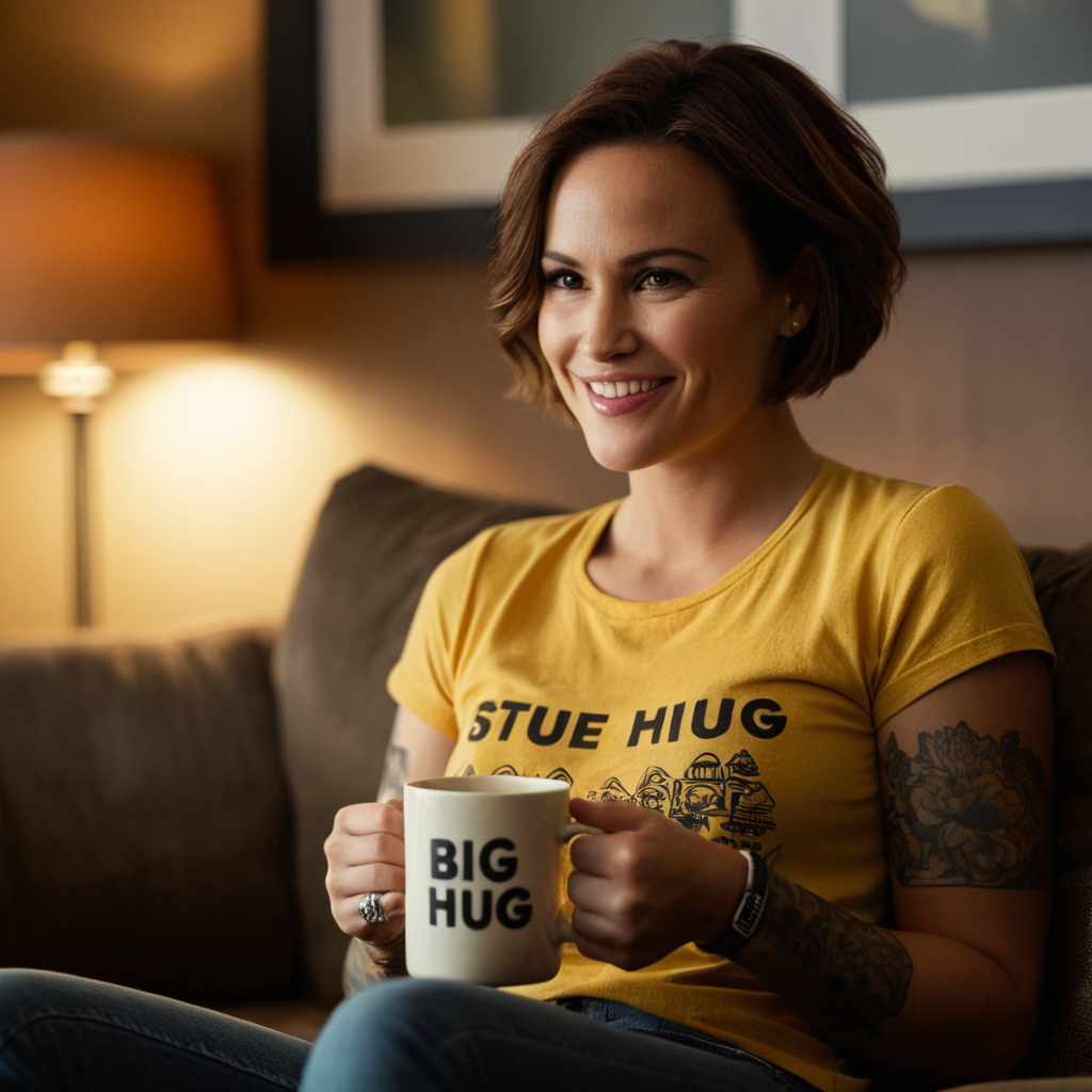 cinematic film still of cinematic film still of  <lora:add-detail-xl:1>0
<lora:detailed:0.3>
<lora:perfection style:0.3>
<lora:xl_more_art-full_v1:0.3>
 <lora:Big Hug Mug:1>
A mug with text on it says "Big Hug Mug" a woman sitting on a couch holding a coffee mug,1girl,solo,looking at viewer,smile,short hair,brown hair,shirt,holding,teeth,mole,grin,cup,tattoo,yellow shirt,mug,realistic,arm tattoo,coffee mug , sharp, detailed, epic photography, artistic, dramatic light, cinematic style, film style, true detective style, mug style, shallow depth of field, vignette, highly detailed, high budget, bokeh, cinemascope, moody, epic, gorgeous, film grain, grainy