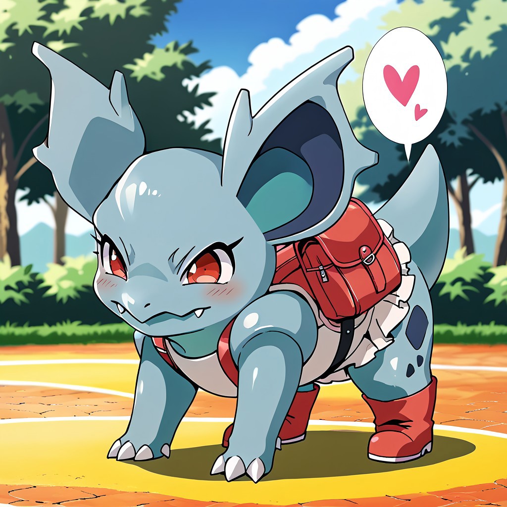 uploaded on e621, source_furry, rating_safe,moe, cute, score_10, score_9_up, score_8_up, score_7_up, score_6_up, absurdres, sharp, ((heart speech bubble)),
((ultra-detailed)), ((best quality)), ((best quality)),   ((extremely detailed)),4K, (8K), masterpiece,colorful, best quality, official art, highres, masterpiece, nai3, god light, detailed background, high quality background, Smooth, Anime, Expressiveh,
cute face, perfect anatomy,beautiful eyes, cute eyes, detailed skin, perfect hands, perfect face, front view, 
BREAK,
park,playground,
((quadruped,all fours,)),spread legs,smile,wince,Full Body, Romantic, 
embarrassed, 
Furry,feral, furry style, nintendo,pokemon,pokemon_(species),
 ((solo,1girl,female)),(nidorina,nidorina_pokemon), 
red eyes,big eyes,closed mouth,slightly chubby,  thick thighs,wide hips,
((clothing,clothed,clothed_feral)),school_uniform,long shirt, White skirt,long sleeves, frilled skirt, pink skirt,((socks,boots,red boots)), randoseru,backpack