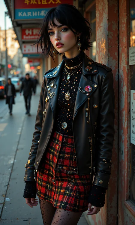 A striking 1970s fashion shoot featuring a rebellious model in a punk-inspired outfit designed by Vivienne Westwood. The model wears a tartan skirt, ripped stockings, and an oversized leather jacket adorned with safety pins. Spiky hair and dramatic makeup complete the look, set against a gritty urban street scene. The aesthetic is raw, bold, and subversive, reflecting the early punk movement of the 70s. Photorealistic, high dynamic range, bold contrast, with grunge textures. <lora:FLUX.1-DEV_-_Wild_1970s_Fashions_LoRA:0.8>, <lora:midjourney_whisper_avant_couture_v01:0.6>,
break
perfectly smooth jawline, no cleft chin, soft and defined chin, symmetrical and elegant facial features, well-balanced proportions, delicate and flawless face, smooth skin texture, sharp yet gentle jawline, natural beauty, high cheekbones, soft jaw curves, sleek, even facial structure, harmonious face symmetry, no dimples or clefts, clean and graceful profile, refined and polished appearance, seamless jawline transition, fine facial detail,
break
relaxed pose, candid fashion, looking ahead, from above, dutch angle, upper body, reflections in glass, ruffled clothing, gazing into the distance,
break
8k, ultra photorealistic, glowing cinematic lighting with sharp metallic reflections, intricate sequin and metallic fabric textures, bold contrasting colors, high dynamic range, fine grain film effect, subtle lens flare, warm ambiance, soft shadow play to enhance silhouette. aidmafluxpro1.1, <lora:aidmaFluxPro1.1Stylev0.2:0.7>, midjourney_whisper, <lora:midjourney_whisper_flux_lora_v01:0.5>, velvet_myst, <lora:Midjourney_Whisper_Chromaplex_Velvet_Myst_v01:0.2>,
