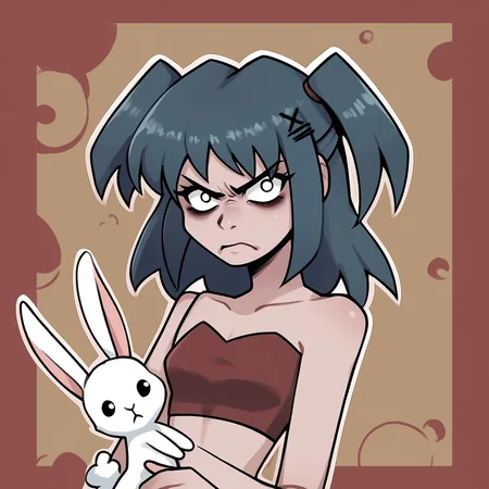 solo, score_6_up, Laceys_game, 1girl, two side up, one_hand_on_chest, hugging rabbit, defense stance, crop top, bare shoulders, abstract background, angry, <lora:Laceys_game:1>