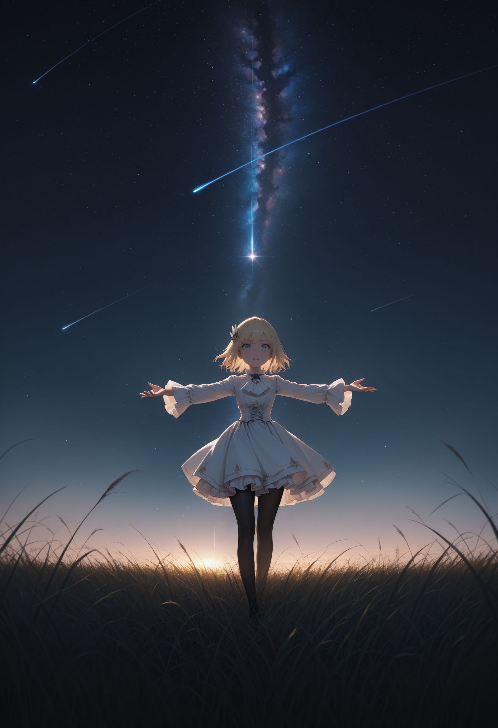 masterpiece,best quality,absurdres,highres,very aesthetic,high quality,detailed,insanely detailed,beautiful,perfect lighting, looking at viewer, 
outstretched arms, tall grass, shooting star, galaxy,
<lora:Leivinia Birdway illu:1> 1girl, blonde hair, blue eyes, short hair, white dress, ascot, frills, hair ornament, black pantyhose, long sleeves