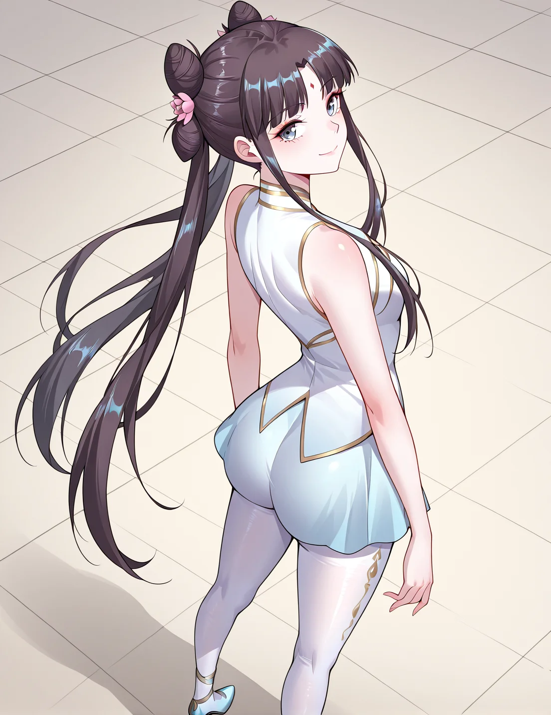 <lora:Gu_Xianer:1>
1 girl, solo, long hair, black hair, twintails, long hair, hair bun, bangs, sidelocks, double bun, blue eyes
chinese dress, forehead mark, skirt, high heels, bare shoulders, white pantyhose, sleeveless, hair flower, hair ornament
zPDXL3, score_9_up, score_8_up, score_7_up, (Anime_source),Masterpiece,(perfect female body:1.2), small waist,(incredibly detailed:1.4), slim, beautiful fingers, beautiful white skin, Beautiful clear skin, thighs, looking at viewer, from side, from above, ass, perfect ass, looking back,smile, closed mouth, choker, bow