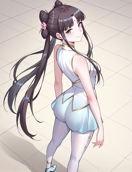 <lora:Gu_Xianer:1>
1 girl, solo, long hair, black hair, twintails, long hair, hair bun, bangs, sidelocks, double bun, blue eyes
chinese dress, forehead mark, skirt, high heels, bare shoulders, white pantyhose, sleeveless, hair flower, hair ornament
zPDXL3, score_9_up, score_8_up, score_7_up, (Anime_source),Masterpiece,(perfect female body:1.2), small waist,(incredibly detailed:1.4), slim, beautiful fingers, beautiful white skin, Beautiful clear skin, thighs, looking at viewer, from side, from above, ass, perfect ass, looking back,smile, closed mouth, choker, bow