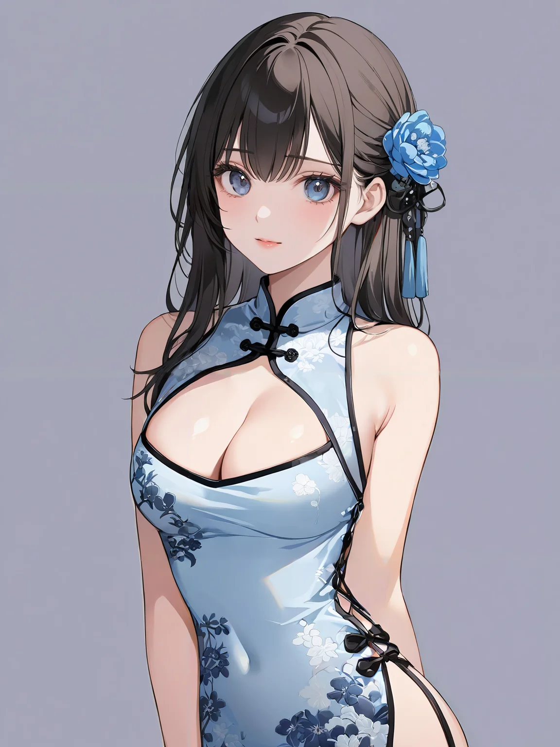 masterpiece,ultra-detailed,best quality,8K,illustration,cute face,clean skin ,shiny hair,girl,ultra-detailed-eyes,simple background, <lora:add-detail-xl:1> <lora:sexy china dress_XL_V1.1:0.8> sexy china dress, cleavage