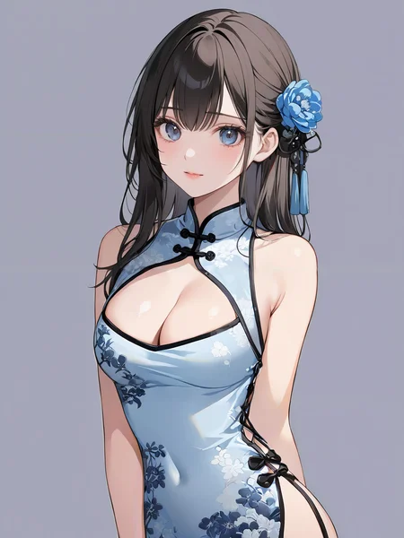 masterpiece,ultra-detailed,best quality,8K,illustration,cute face,clean skin ,shiny hair,girl,ultra-detailed-eyes,simple background, <lora:add-detail-xl:1> <lora:sexy china dress_XL_V1.1:0.8> sexy china dress, cleavage