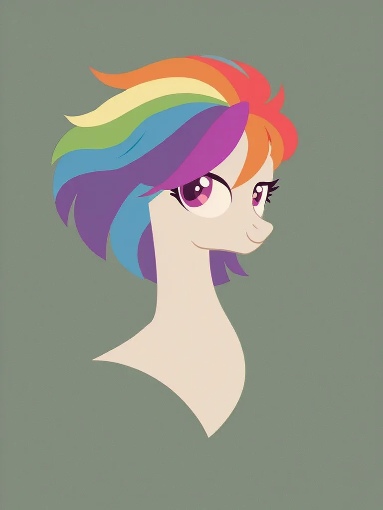 feral pony,Rainbow hair, show accurate,sharp image of a digital illustration of a pony's head. The pony has a rainbow-colored mane that is styled in a messy, messy manner. The mane is made up of multiple colors, including red, orange, yellow, green, blue, purple, and pink. The eyes are large and round, and the pony's nose is small and pointed. The background is a light green color. The overall style of the illustration is cartoon-like and playful.<lora:Pony\PonyMinimalStyle.safetensors:1.0:1.0><lora:Flux\flat\Minimalist_Flux.safetensors:1.0:1.0>