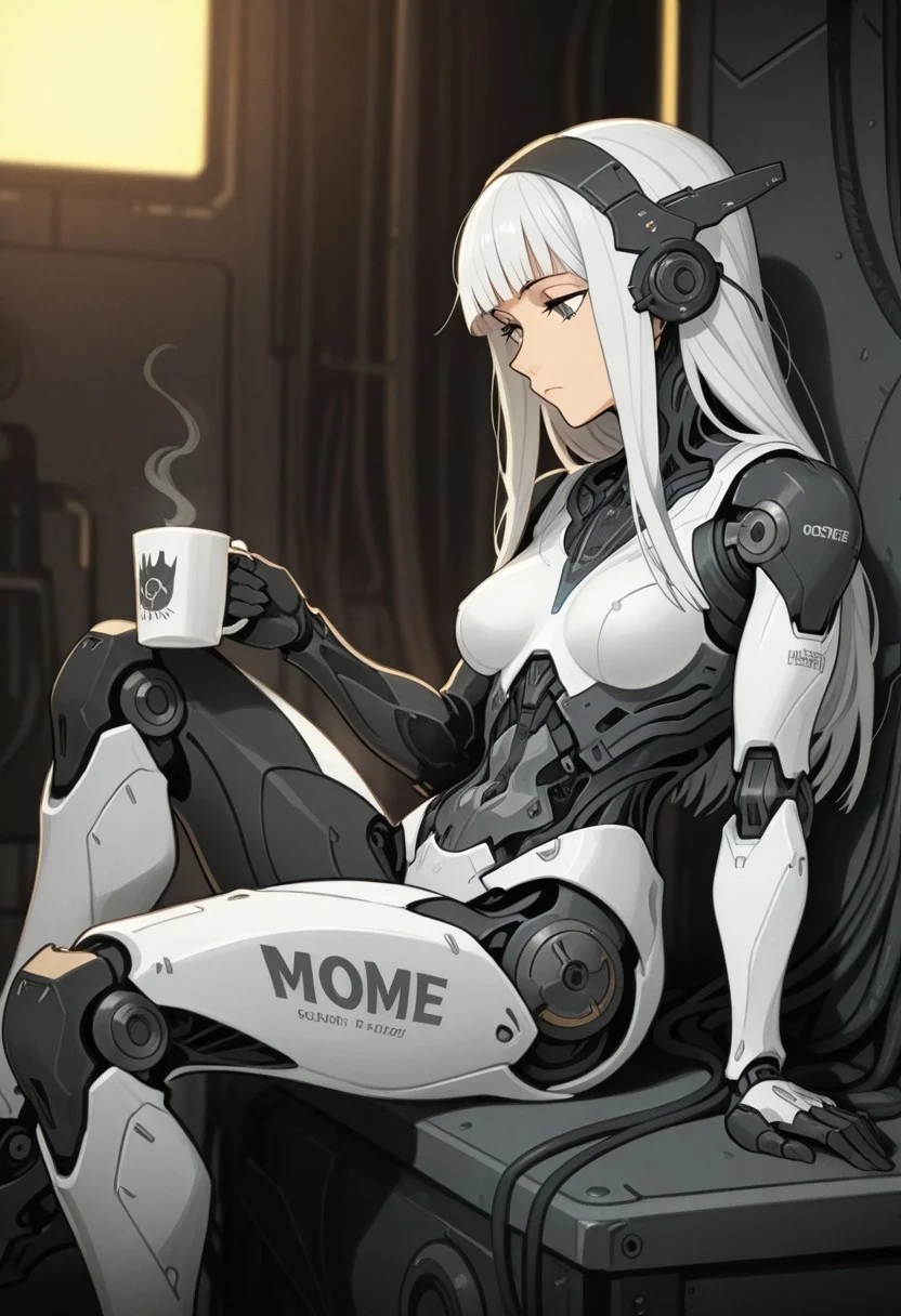 mature female, 1girl, solo, long hair, breasts, holding, sitting, medium breasts, white hair, sidelocks, hairband, blunt bangs, from side, cup, grey eyes, makeup, expressionless, arm support, headgear, robot, holding cup, straight hair, science fiction, knee up, mug, android, cable, joints, mechanical arms, cyborg, single mechanical arm, robot joints, coffee mug, mechanical parts, mechanical legs, cyberpunk, limited palette, high detail, depth of field, (blurred background), (dramatic lighting), 8k, detailed background, ambient lighting, global illumination, cutscene, masterpiece, best quality, ultra-detailed, amazing quality, very aesthetic, incredibly absurdres, highres, newest, latest, khly2, noveau, art noveau