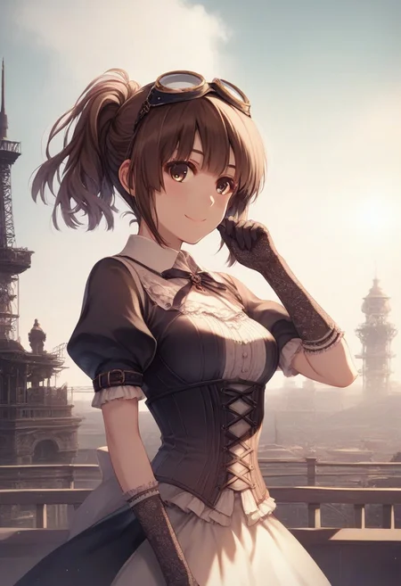 score_9, score_8_up, score_8, score_7_up, score_7, source_anime,
1girl, katou megumi, Megumi <lora:KatoMegumi:1>,brown hair,katou megumi,brown eyes, short hair , medium breasts, solo,looking at viewer, ponytail ,masterpiece, best quality, steampunk theme, victorian cityscape background, wearing a detailed steampunk dress with brass and leather accents, intricate corset, puffed sleeves, lace gloves, goggles resting on her head, holding a small pocket watch, standing near a steam-powered contraption, gears and pipes in the foreground, warm sepia tones, soft sunlight breaking through clouds, gentle smile, elegant pose, side-angle perspective, detailed textures, cinematic atmosphere, intricate mechanical elements