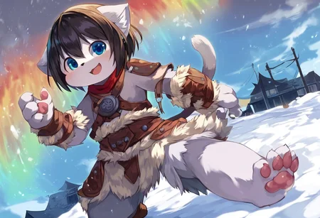 aoino_style, solo, anthro, kemono, furry, fur, 1boy, solo, black hair, 4 fingers, cat boy, grey cat ears, grey cat tail, grey fur, blue eyes, pink pawpads, two-tone skin, happy expression, young, cute, cute face, detailed skin, perfect eyes, detailed eyes, perfect hands, perfect face, wide-open mouth scream, BREAK dovahkiin armor BREAK seated on a rock, snow, town, outdoors, colorful, dutch angle, BREAK ((ultra-detailed)), ((best quality)), ((best quality)), ((beautiful eyes)), ((extremely detailed)), 4K, (8K), best quality, (beautiful), Master piece, highres, score_9, score_8_up, score_7_up, score_6_up, score_5_up, score_4_up, colorful, best quality, official art, highres, masterpiece, nai3, god light, detailed background, high quality background,