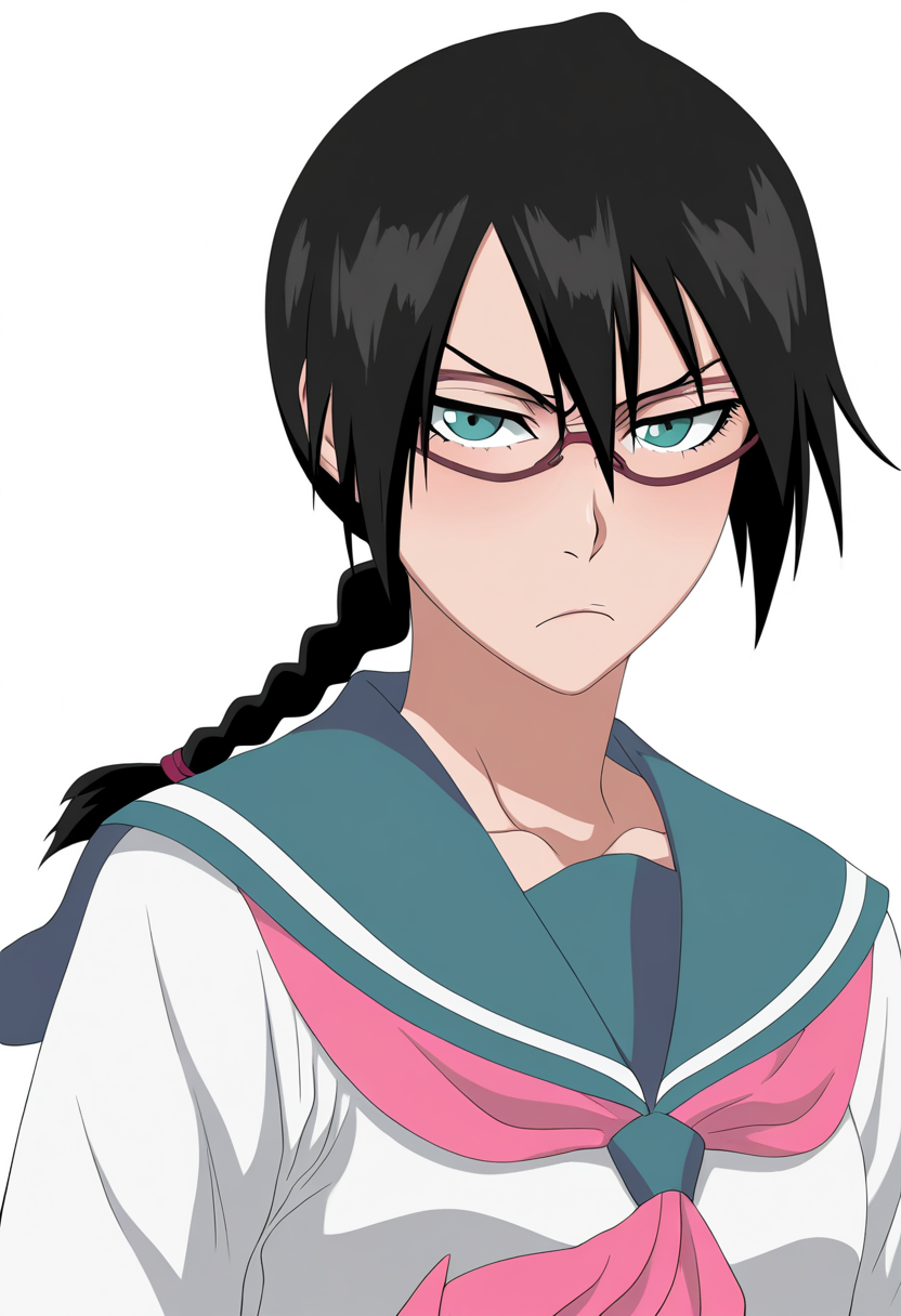 best quality, amazing quality, very aesthetic, absurdres,
1girl, yadoumaru lisa, black hair, braid, aqua eyes,
school uniform, glasses, serafuku, skirt,
upper body,
frown, solo, looking at viewer, (simple background, white background:1.3),     <lora:LisaYadomaruNoobXL_byKonan:1>