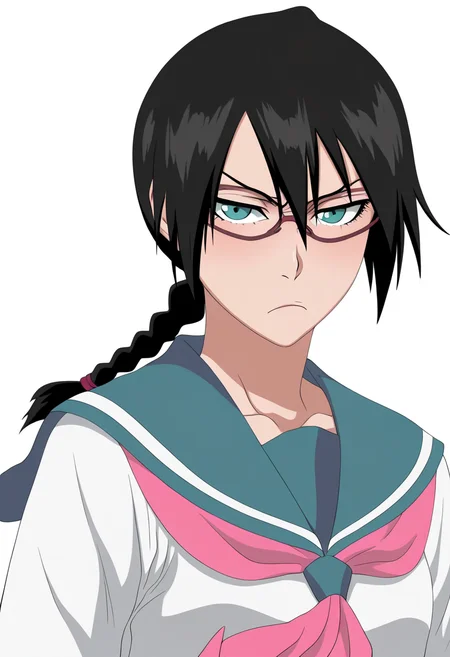 best quality, amazing quality, very aesthetic, absurdres,
1girl, yadoumaru lisa, black hair, braid, aqua eyes,
school uniform, glasses, serafuku, skirt,
upper body,
frown, solo, looking at viewer, (simple background, white background:1.3), <lora:LisaYadomaruNoobXL_byKonan:1>