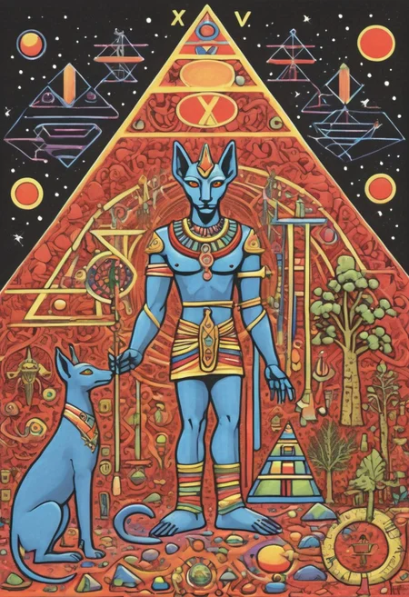 a drawing of Lunar Anubis, Egyptian psychadelic journey, a pharoh having a psychadelic vision, drinking from the tree of life, ((sigil of pyramid, sigil of great power, frames cube FancyTurning:1.5), (three planes) X Y Z in occult space, colorful psychedelic Egyptian themed trip,