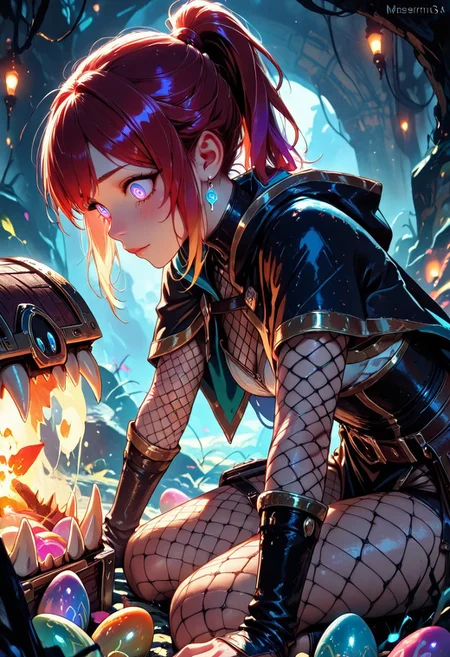 (masterpiece), (best quality), 8k, 1girl, fantasy adventurer girl, mesmerized, oblivious, cute treasure chest, cute Mimic, easter eggs, rainbow spiral eyes, Cute Mimic chest, Kneeling down, opening chest, whimsical dungeon interior, glowing magical torches, scattered loot around, soft warm lighting, stylized fantasy armor, fishnets, leather satchel, short cloak, colorful atmosphere, ponytail hair, playful fantasy mood, cinematic lighting, semi-realistic style, detailed environment, magical sparkles in the air,
Close up, from the side,
