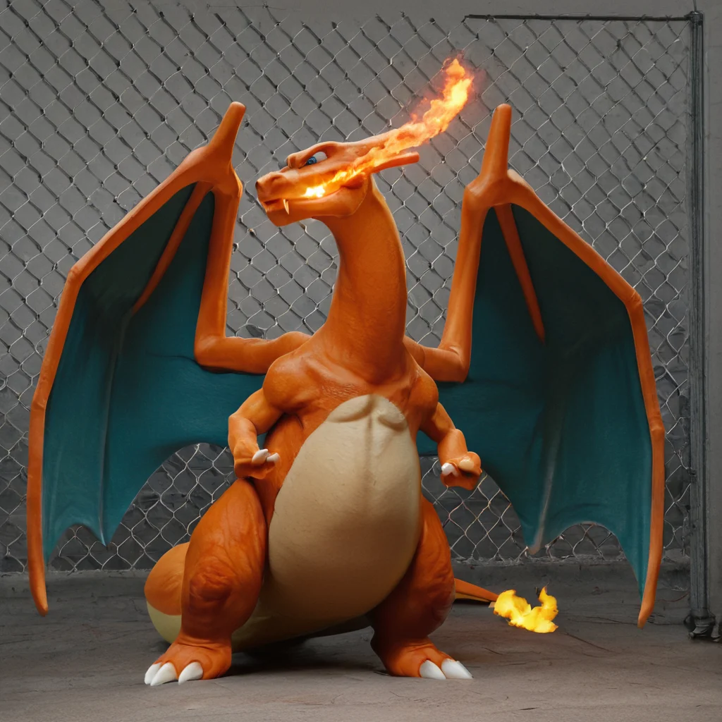sfw, masterpiece, best quality,absurderes,photo,realistic,source_photo,indoors,fighting arena,chain link fence,charizard,pokemon_(creature),wings,breathing fire,standing,<lora:Reallustrious_Beta2:0.8>