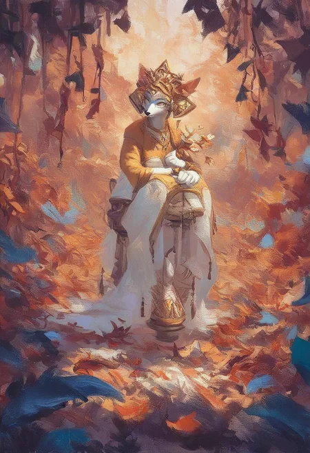 pmg style, score_9, score_8_up, score_7_up, score_6_up, score_8_up, rating_safe A fox, made of porcelain, golden, in an autumn forest