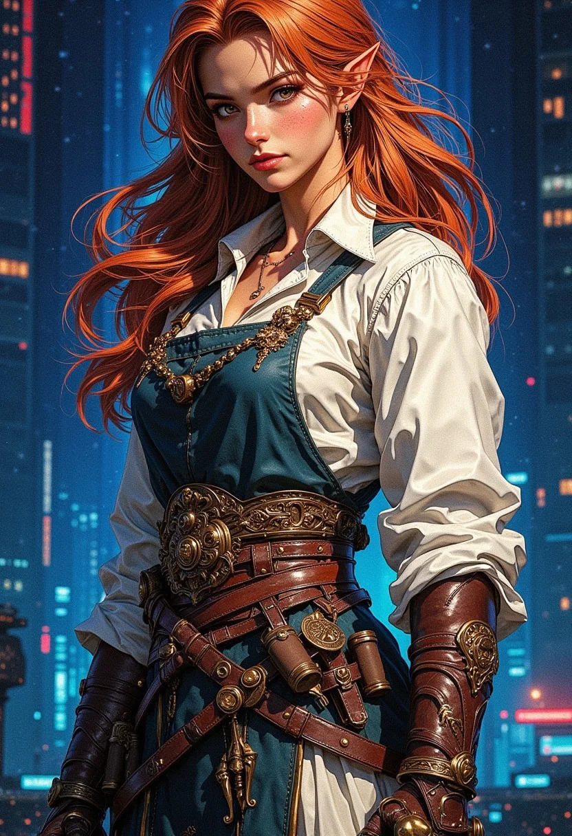 (in Krenz Cushart style:1.2), Female, Elf, Tan, slender, Auburn hair, White clothing with gold belt and a leather apron with an assortment of tools, eyes that are the color of the night sky, (strong facedetails:1.1), (elaborately detailed attire with extraordinary elements:1.1), (hyperdetailed:1.1), ceminune (intricate details:1.0), (Refined details:1.1), (best quality:1.1), (high resolution:1.2) closed smile glowing armor blue
