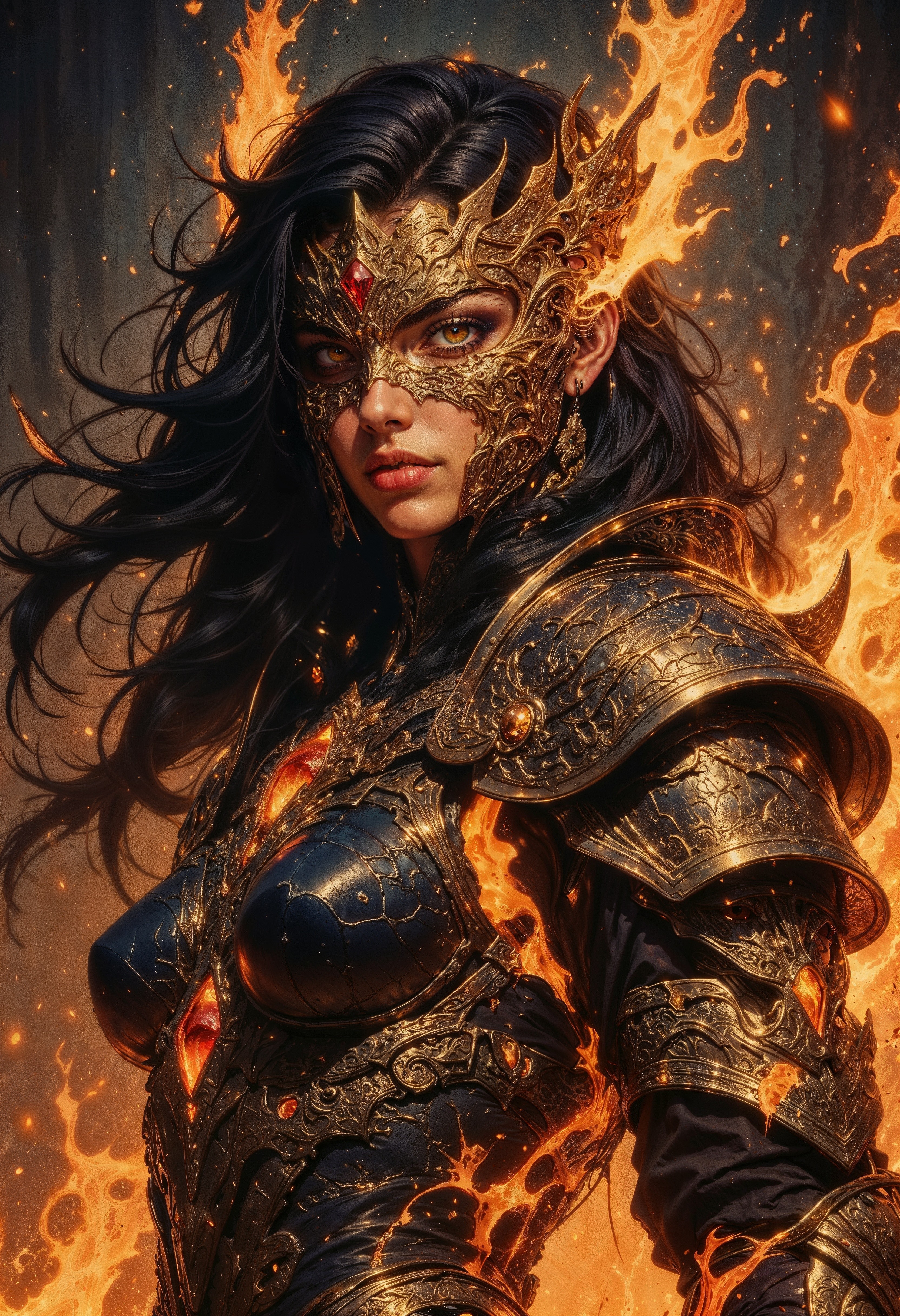 A striking, powerful female warrior adorned in intricately detailed, blackened obsidian armor with glowing ember-like veins coursing through it. Her face is framed by a golden, ornate, and filigreed crown-like headpiece that melds seamlessly with her fierce and regal expression. Her fiery orange eyes radiate intensity, and her dark flowing hair moves as if caught in an unseen breeze. Flames and molten energy swirl around her, creating an aura of burning power. The background is a moody, dark environment with contrasting light from the fiery embers illuminating the scene. Ultra-realistic rendering with an epic, gothic fantasy aesthetic, emphasizing rich textures, dramatic lighting, and a sense of overwhelming elemental energy. <lora:FluxMythG0thicL1nes:0.6> <lora:FluxMythR3alisticF:0.5> <lora:RetroAnimeFluxV1:0.6> <lora:OB半写实肖像画V2.0:0.6>