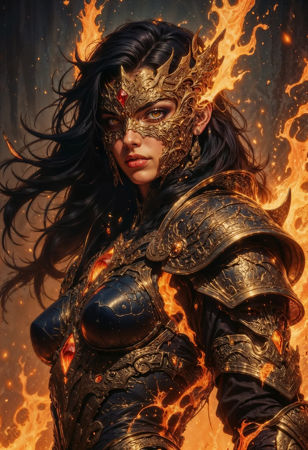 A striking, powerful female warrior adorned in intricately detailed, blackened obsidian armor with glowing ember-like veins coursing through it. Her face is framed by a golden, ornate, and filigreed crown-like headpiece that melds seamlessly with her fierce and regal expression. Her fiery orange eyes radiate intensity, and her dark flowing hair moves as if caught in an unseen breeze. Flames and molten energy swirl around her, creating an aura of burning power. The background is a moody, dark environment with contrasting light from the fiery embers illuminating the scene. Ultra-realistic rendering with an epic, gothic fantasy aesthetic, emphasizing rich textures, dramatic lighting, and a sense of overwhelming elemental energy. <lora:FluxMythG0thicL1nes:0.6> <lora:FluxMythR3alisticF:0.5> <lora:RetroAnimeFluxV1:0.6> <lora:OB半写实肖像画V2.0:0.6>