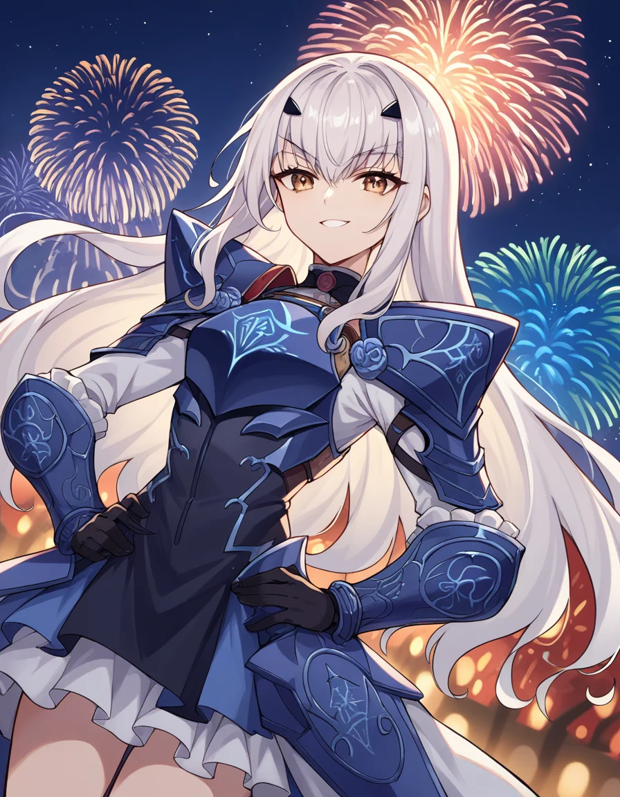 score_9, score_8_up, score_7_up, source_anime, <lora:fgo-melusine-ponyxl-lora-nochekaiser:1>, melusine, brown eyes, long hair, white hair, sidelocks,, armor, armored dress, black dress, black gloves, blue armor, blue dress, breastplate, dress, faulds, gloves, mask, pauldrons, short dress, shoulder armor,, festival, fireworks, summer night, food stall, traditional, arms up,, smile, looking at viewer, smug, hands on hips,, solo,, cowboy shot, dutch angle