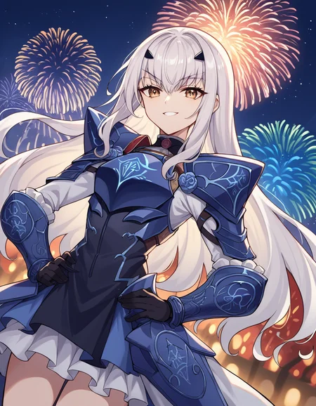 score_9, score_8_up, score_7_up, source_anime, <lora:fgo-melusine-ponyxl-lora-nochekaiser:1>, melusine, brown eyes, long hair, white hair, sidelocks,, armor, armored dress, black dress, black gloves, blue armor, blue dress, breastplate, dress, faulds, gloves, mask, pauldrons, short dress, shoulder armor,, festival, fireworks, summer night, food stall, traditional, arms up,, smile, looking at viewer, smug, hands on hips,, solo,, cowboy shot, dutch angle